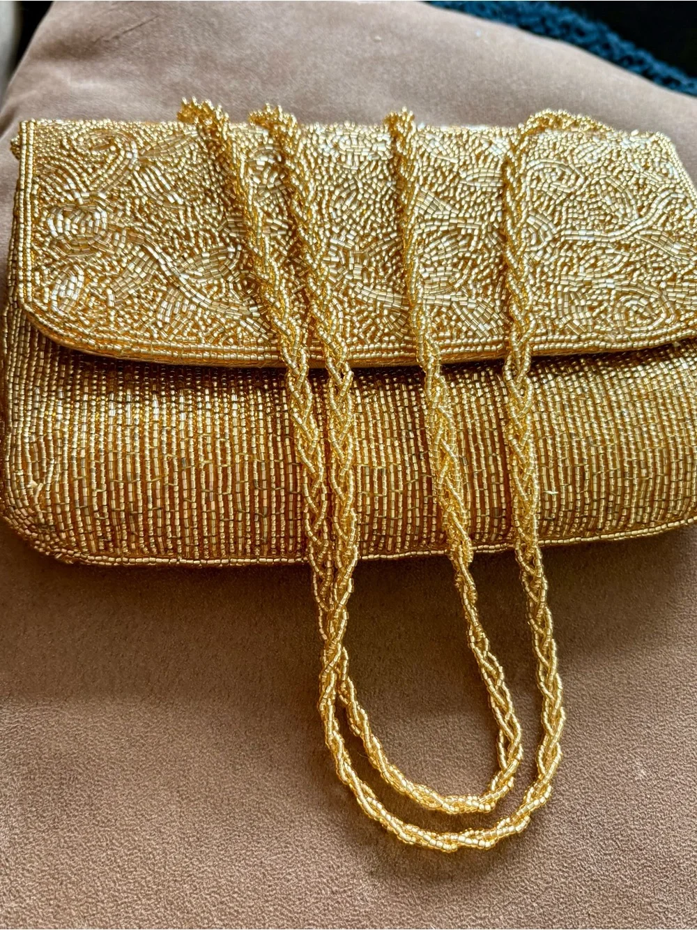 Gold Glitz Beaded Evening Clutch with Lacey Gold Chain Strap